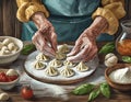 Elderly woman\'s hands making homemade tortellini on wooden table