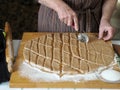 An elderly woman is hands roll out the dough and cut out cookies for baking in the oven with a special knife. The process of home Royalty Free Stock Photo