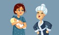 Elderly Woman Scolding New Mom with Baby Vector Illustration