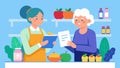 An elderly woman shops for groceries with her dietitian learning how to read food labels and make informed choices for