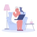 Elderly woman sitting on armchair with laptop watches video communicates studies. Modern pensioners and internet