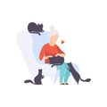 Elderly woman sitting in armchair surrounded by black cats, adorable pets and their owner vector Illustration on a white