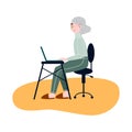 An elderly woman sitting with a laptop. Concept of using modern technologies by the elderly. Online education.