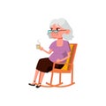 elderly woman sitting in rocking chair and drinking tea cartoon vector