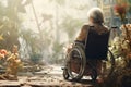 An elderly woman sitting in a wheelchair in the garden, a sick senior woman Royalty Free Stock Photo