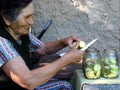 Elderly woman slice squash and put into jar