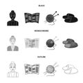 An elderly woman, slippers, a newspaper, knitting.Old age set collection icons in black,monochrome,outline style vector Royalty Free Stock Photo