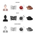 An elderly woman, slippers, a newspaper, knitting.Old age set collection icons in cartoon,black,monochrome style vector