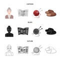 An elderly woman, slippers, a newspaper, knitting.Old age set collection icons in cartoon,black,outline style vector Royalty Free Stock Photo