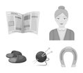 An elderly woman, slippers, a newspaper, knitting.Old age set collection icons in monochrome style vector symbol stock