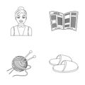 An elderly woman, slippers, a newspaper, knitting.Old age set collection icons in outline style vector symbol stock Royalty Free Stock Photo