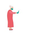 Elderly woman stands in a medical mask and gloves, extends her hand shows stop do not come. flat vector illustration on white