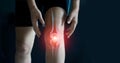 Elderly woman suffering from pain in knee. Tendon problems and Joint inflammation on dark background