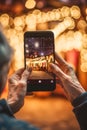 Elderly woman taking pictures on her smartphone of a festive Christmas market at nighttime. Garland lights. Close up of hands.