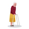 Elderly woman using a walking frame. Disabled female character