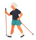 Elderly woman walking with nordic poles, physical activities