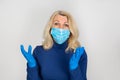 An elderly woman wearing a mask and gloves is afraid of the coronavirus. The eyes express fear