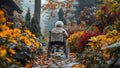 Elderly woman in wheelchair enjoys garden with plants, flowers, and sunlight Royalty Free Stock Photo