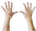 Elderly woman, wrinkled hand palm w/ clearly visible veins reaching out forward