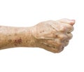 Elderly woman, wrinkled hand palm w/ clearly visible veins reaching out forward