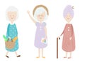 Elderly women. Happy old lady. Cartoon senior female. Grandmother shopping, standing. Retired activity Isolated clip art