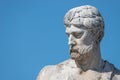 Elderly and young Ã¢â¬â old sculpture of engineer and his scholar on Zoll Bridge in Magdeburg downtown at blue sky background,