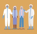 Elders women with masks and doctors with protective suits against Covid 19 vector design