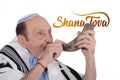 Eldery jewish man blowing the Shofar horn Royalty Free Stock Photo