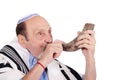 Eldery jewish man blowing the Shofar horn for Rosh Hashanah Royalty Free Stock Photo