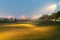 Eleanor Tinsley Park grassy park in downtown Houston, Texas with light poles in early foggy morning blue hour