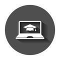 Elearning education icon in flat style. Study vector illustration with long shadow. Laptop computer online training business Royalty Free Stock Photo