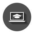 Elearning education icon in flat style. Study vector illustration with long shadow. Laptop computer online training business Royalty Free Stock Photo