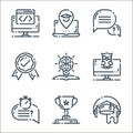 elearning line icons. linear set. quality vector line set such as audio course, award, quiz, wise, knowledge, certification, info