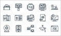Elearning line icons. linear set. quality vector line set such as folder, online class, webcam, mortarboard, certificate, online