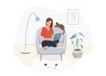 Elearning study, work at home, online education concept design. Girl with laptop sitting on the armchair at her house