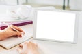 Elearning webinar tablet blank white screen hands Royalty Free Stock Photo