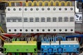 Electical distribution fuseboard. Electrical supplies. Electrical panel at a assembly line factory. Controls and switches. Royalty Free Stock Photo