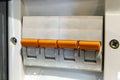 Electical distribution fuseboard. Electrical supplies. Electrical panel at a assembly line factory. Electric controls and