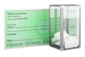 Election ballot box with blank bank check. Vote buying concept. 3D rendering