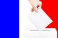 Election ballot box in france, French presidential elections, governments, a hand with a voice on the background of the flag,