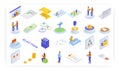Election campaign isometric icon set. Election funding, expenses, public opinion polling, voter survey, vector.