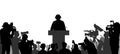 Election. Candidate with election program and reporters, cameramen. Silhouette of people. Vector illustration