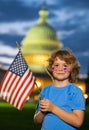 Election day. Child with American flag in Washington capitol, congress building. Voting concept. American Flag Day. Vote Royalty Free Stock Photo