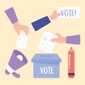 Election day, hands with ballot speaker box and pencil icons