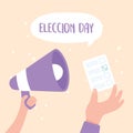 Election day, hands with megaphone and ballot voting concept