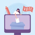 Election day, online voting woman with ballot