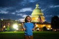 Election day for US Citizens. Child boy Vote with US flag near capitol building. Voting concept. American Flag Day. Vote Royalty Free Stock Photo