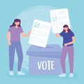 Election day, young women with ballots and cardboard box voting