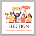 Election poster mockup with group of active voting people vector illustration.