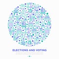 Election and voting concept in circle with thin line icons: voters, ballot box, inauguration, corruption, debate, president,